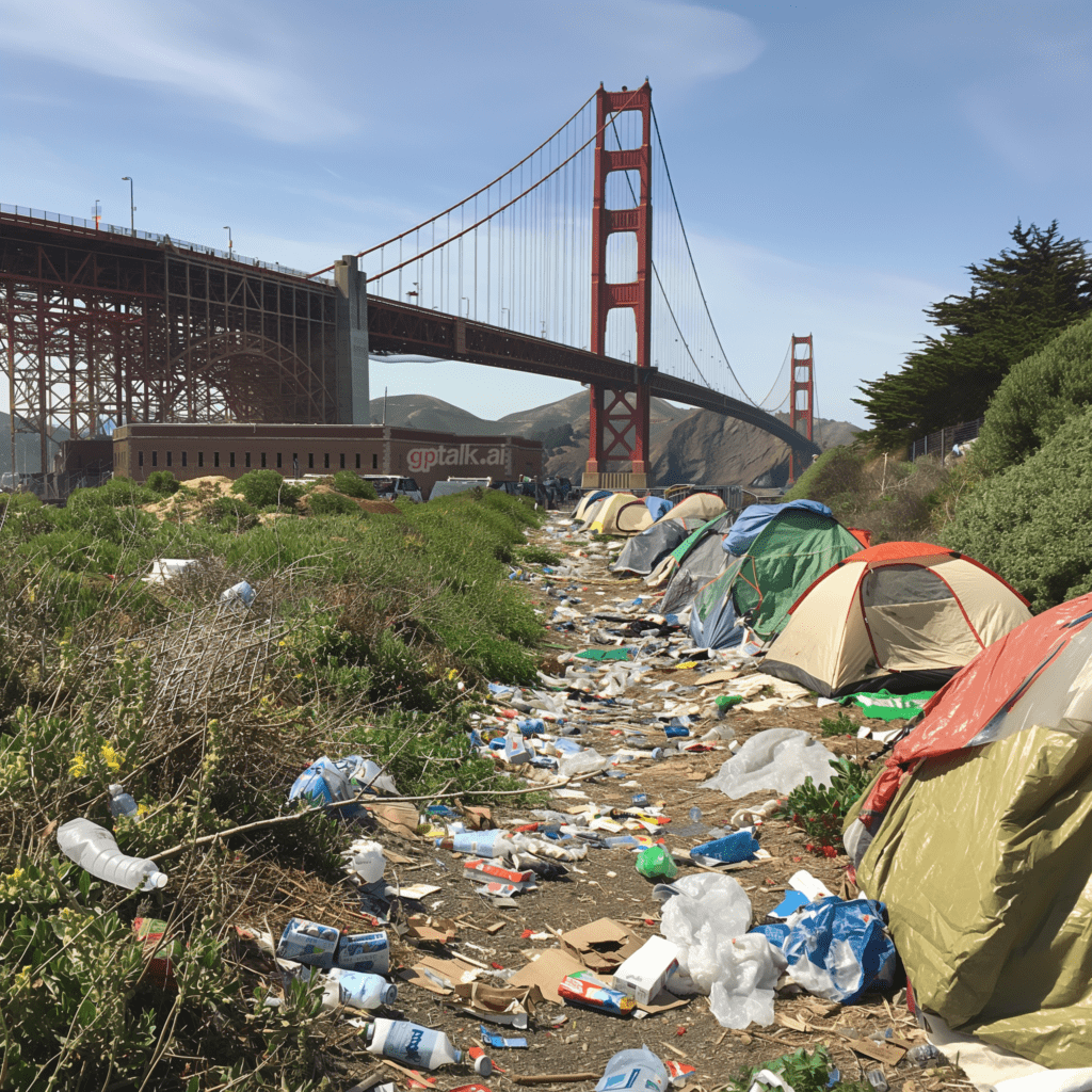 midjourney, ai generated, trash, golden gate bridge. 